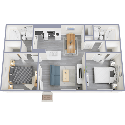 Floor plan for 2 beds, 2 baths, 740 sqft